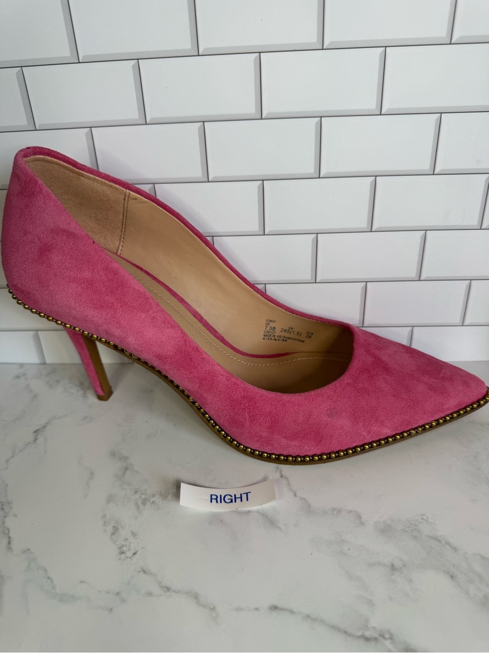 COACH Pink Suede Pointed Toe Pumps with Brass Studded Trim. - Picture 8 of 12